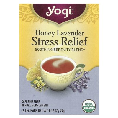 Yogi Tea, Stress Relief, чай cо вкусом меда и лаванды, без кофеина, 16 чайных пакетиков