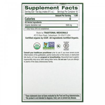 Traditional Medicinals, органический обжаренный корень одуванчика, без кофеина, 16 чайных пакетиков