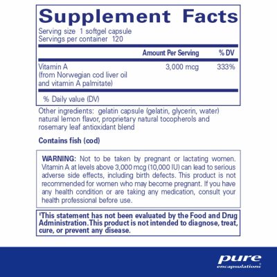 Pure Encapsulations, Витамин А 3000 мкг (10 000 IU), Vitamin A, 120 мягких капсул