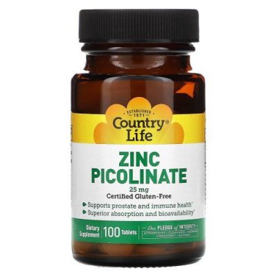 Country Life, Цинк пиколинат, Zinc Picolinate, 25 мг, 100 таблеток - срок до 1/25