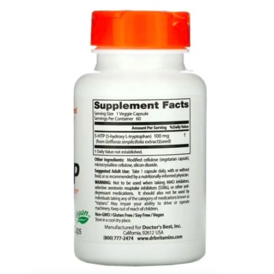 Doctor's Best, 5-HTP, гидротриптофан, натуральный антидепрессант 100 мг, 60 капсул, срок до 11/25