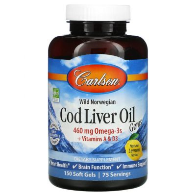 Carlson, Cod Liver Oil, жир печени норвежской трески + витамины A&D3, лимон, 460 мг, 150 капсул