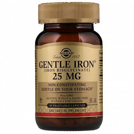 Solgar, Gentle Iron, Легкодоступное железо, 25 мг, 90 капсул