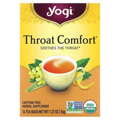 Yogi Tea,Throat Comfort, чай для здоровья горла, без кофеина, 16 чайных пакетиков