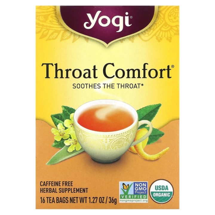 Yogi Tea,Throat Comfort, чай для здоровья горла, без кофеина, 16 чайных пакетиков