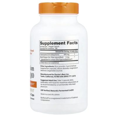 Doctor's Best, легкоусвояемый коэнзим Q10 с черным перцем, High Absorption CoQ10, 400 мг, 180 капсул