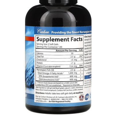 Carlson Labs, Elite Omega-3, Омега-3, 1600 мг, 240 капсул