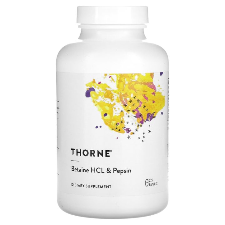 Thorne, Бетаин гидрохлорид HCL с пепсином, Betaine HCL & Pepsin, 225 капсул