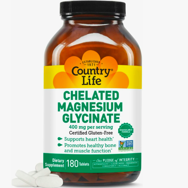 Country Life, Магний глицинат, Chelated Magnesium Glycinate, 400 мг, 180 таблеток