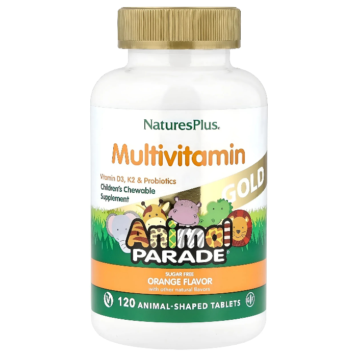NaturesPlus, Мультивитамины для детей Animal Parade Gold, со вкусом апельсина, 120 таблеток в форме животных