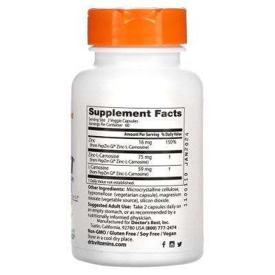 Doctor's Best, Цинк-L-карнозин, комплекс с PepZin Gl, 120 капсул