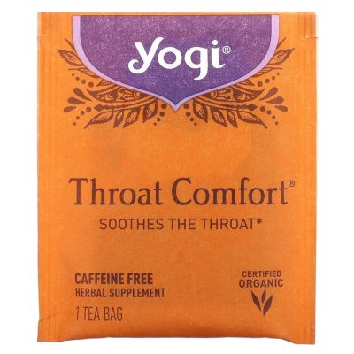 Yogi Tea,Throat Comfort, чай для здоровья горла, без кофеина, 16 чайных пакетиков