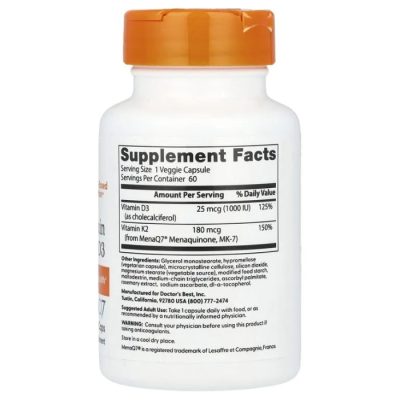 Doctor's Best, витамин K2, 180 мкг в форме MK-7 + витамин Д3, 60 капсул