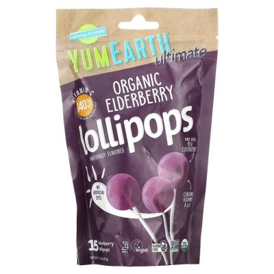 YumEarth, органические леденцы с бузиной,Organic Elderberry, 15 леденцов