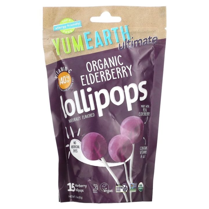 YumEarth, органические леденцы с бузиной,Organic Elderberry, 15 леденцов