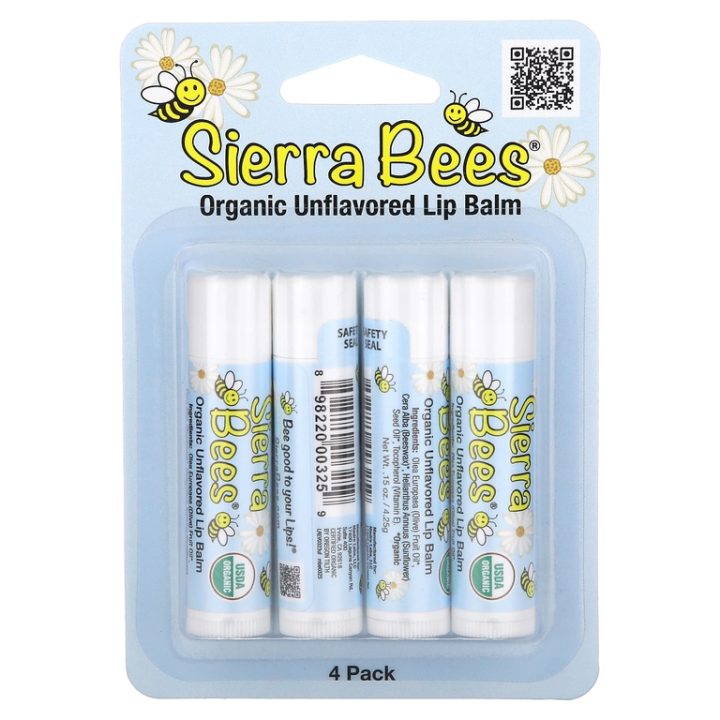 Sierra Bees, набор органических бальзамов для губ, без вкуса, 4 штуки