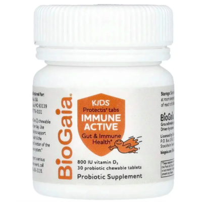 BioGaia, Immune Active KIDS, пробиотики для детей с вит. D, апельсин, 30 жев таб