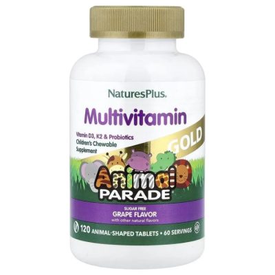 NaturesPlus, Мультивитамины для детей Animal Parade Gold, со вкусом винограда в форме животных, 120 таблеток