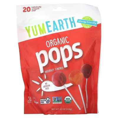 YumEarth, органические леденцы, ассорти, без глютена, Organic Pops, 20 шт.