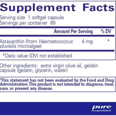 Pure Encapsulations, Astaxanthin, Астаксантин, 4 мг, 60 мягких капсул, срок до 10/25