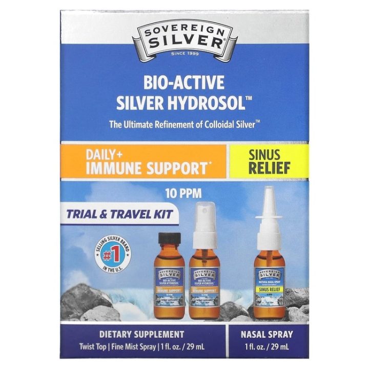 Sovereign Silver, коллоидное серебро + назальный спрей, Bio-Active Silver Hydrosol, 3 шт по 29 мл