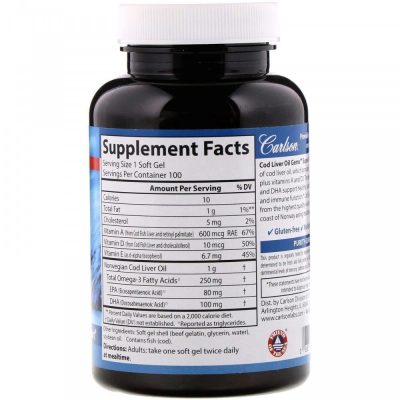 Carlson Labs, Cod Liver Oil Gems, Жир печени дикой норвежской трески, 1000 мг, 100 капсул