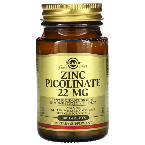 Solgar, Цинк пиколинат, Zinc Picolinate, 22мг, 100 таблеток
