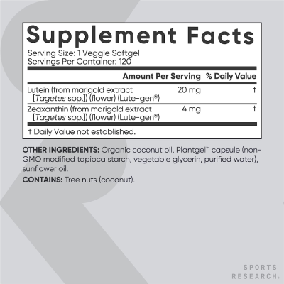 Sports Research, Lutein+Zeaxanthin, Лютеин+Зеаксантин с кокосовым маслом, 120 таблеток