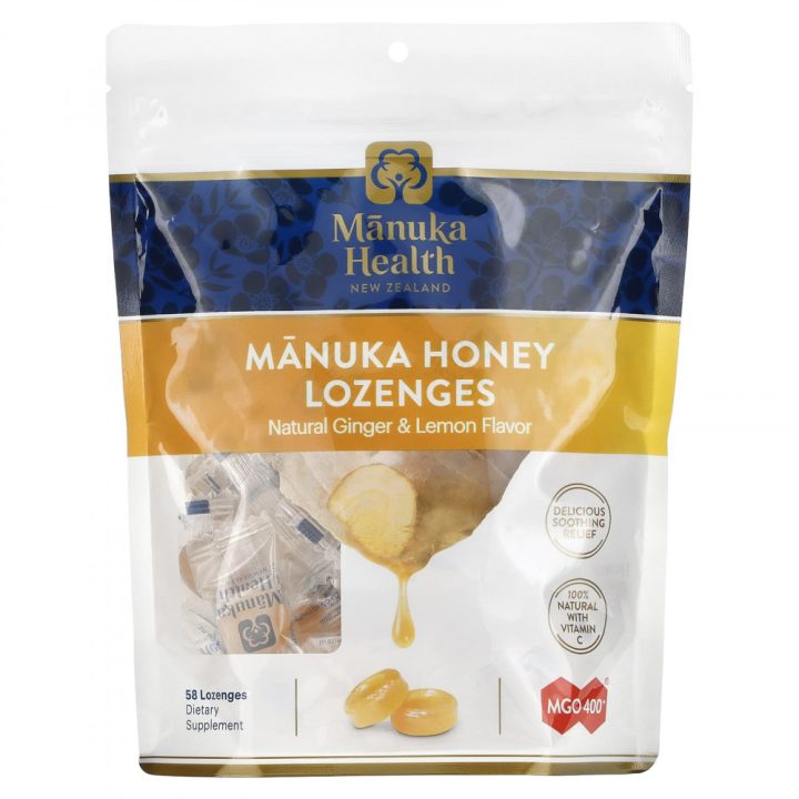 Manuka Health, Леденцы с медом Manuka, MGO 400+, имбирь и лимон, 58 леденцов