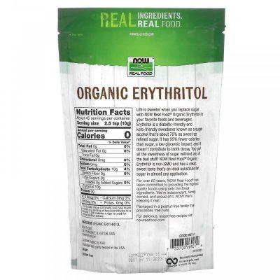 NOW Foods, Organic, Эритритол, натуральный органический подсластитель без калорий, 454г