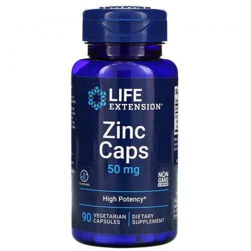 Life Extension, Zinc Caps, Цинк комплекс высокой эффективности, 50 мг, 90 капсул