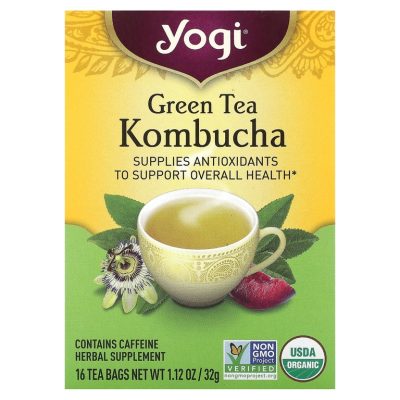 Yogi Tea, Kombucha, зеленый чай с комбучей (чайным грибом), антиоксиданты, 16 чайных пакетиков