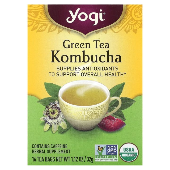 Yogi Tea, Kombucha, зеленый чай с комбучей (чайным грибом), антиоксиданты, 16 чайных пакетиков
