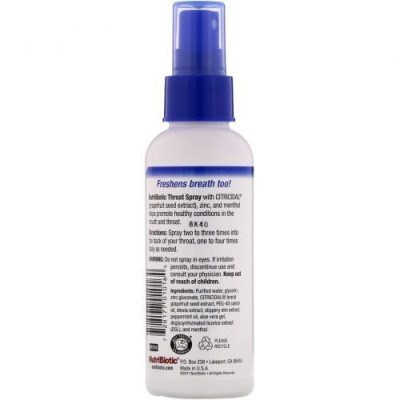 NutriBiotic, Throat Spray, с экстрактом косточек грейпфрута, цинком и ментолом, 118 мл