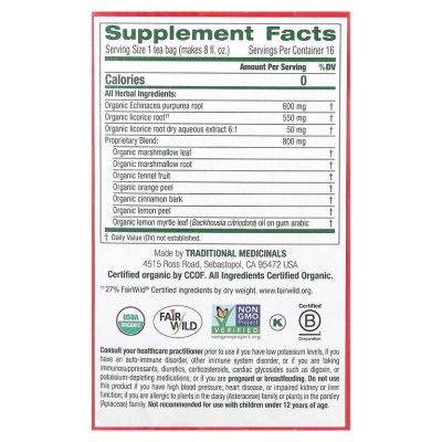Organic Throat Coat, чай для здоровья горла и иммунитета, лимонная эхинацея,16 пакетиков