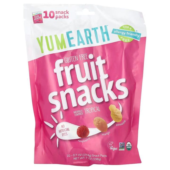 YumEarth, органические фруктовые снеки, без глютена, вкус тропических фруктов, 10 пакетиков по 19.8г ДИСКОНТ