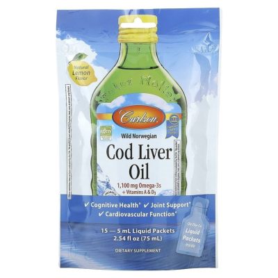 Carlson, Cod Liver oil Lemon, Жир печени дикой норвежской трески 5мл, вкус лимона, 15 пакетиков