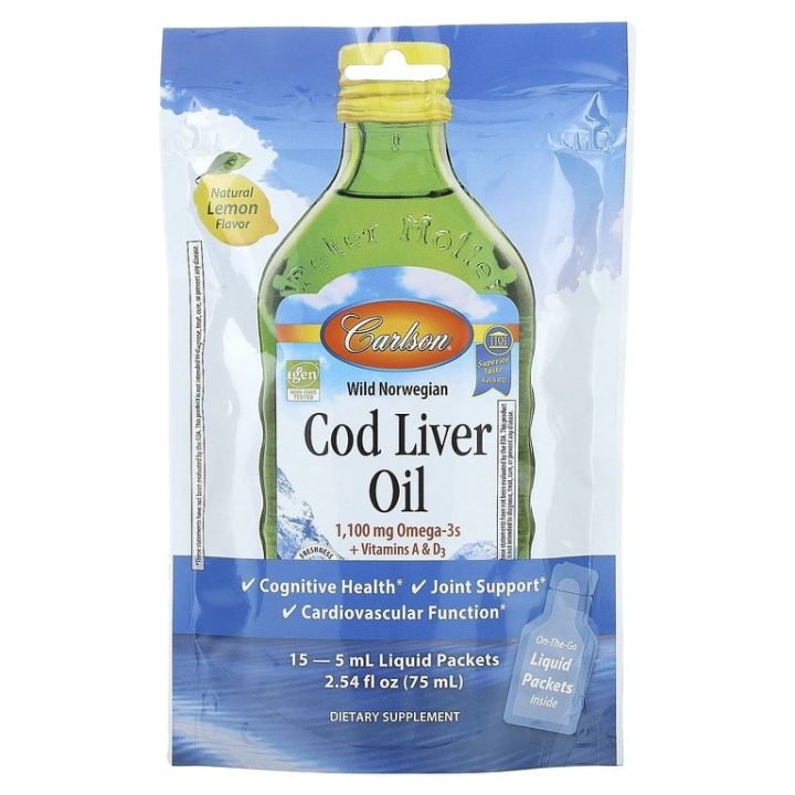 Carlson, Cod Liver oil Lemon, Жир печени дикой норвежской трески 5мл, вкус лимона, 15 пакетиков