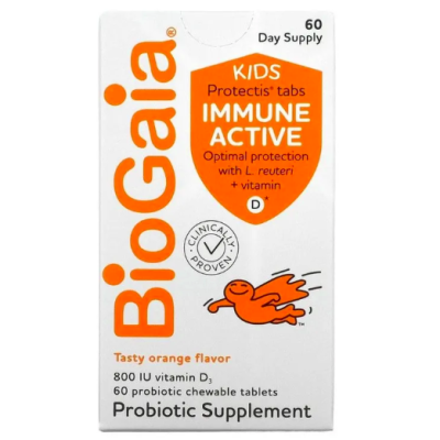 BioGaia, Immune Active KIDS пробиотики для детей + D3, апельсин, 60 жев таб