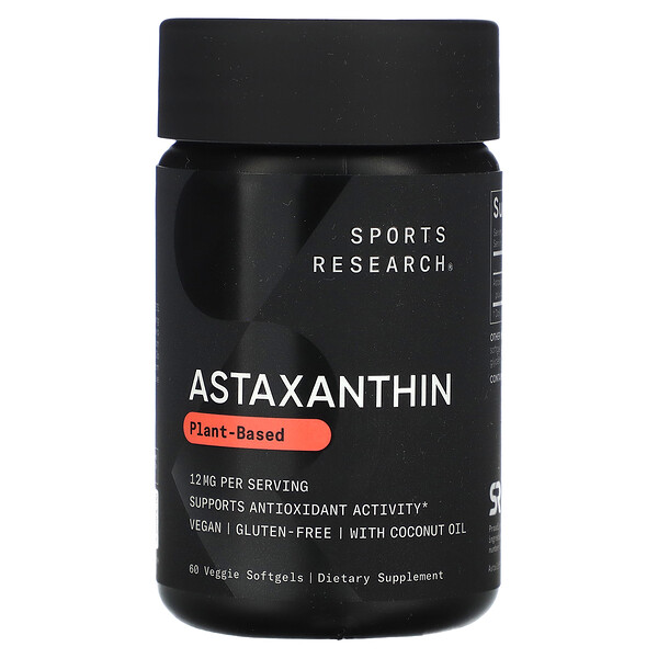 Sports Research, Astaxanthin, Астаксантин с кокосовым маслом, 12 мг, 60 вегетарианских таблеток