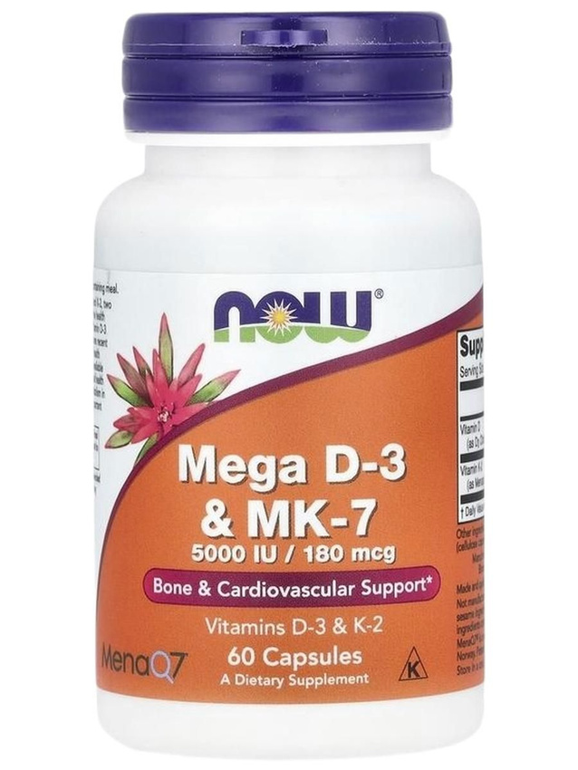 NOW Foods, Mega D3 + MK-7 5000, мега витамин D3 и K2, 60 капсул