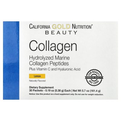 California Gold (Solumeve), Пептиды коллагена, витамин C и гиалуроновая кислота, лимон, 30 пакетиков по 5,38 г