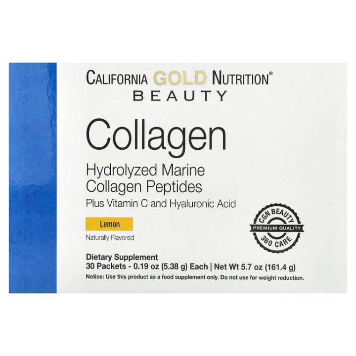 California Gold (Solumeve), Пептиды коллагена, витамин C и гиалуроновая кислота, лимон, 30 пакетиков по 5,38 г