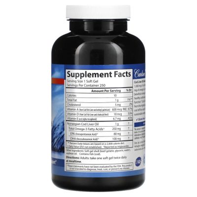 Carlson Labs, Cod Liver Oil Gems, Жир печени дикой норвежской трески, 1000 мг, 250 капсул