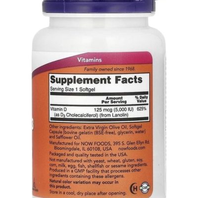 NOW Foods, Витамин D3 5000 , 30 мягких капсул
