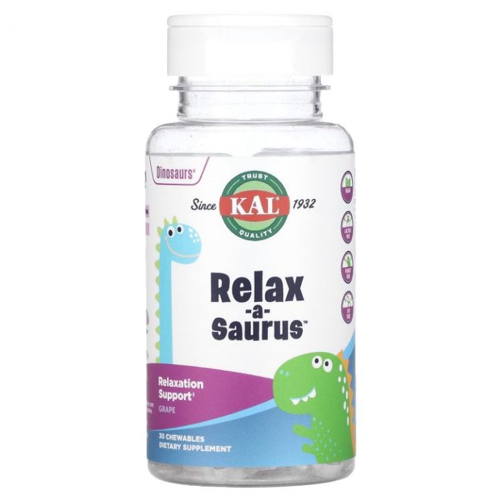 KAL, Dinosaurs Relax-a-Saurus, L-теанин для детей, вкус виноград, 30 жевательных динозавров