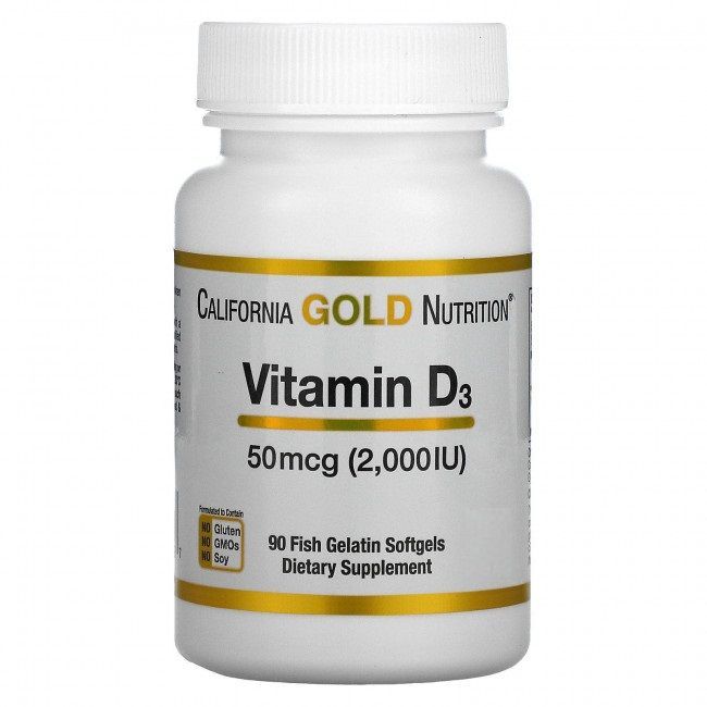 California Gold Nutrition, Витамин D3, 50 мкг (2000 МЕ), 90 капсул из рыбьего желатина