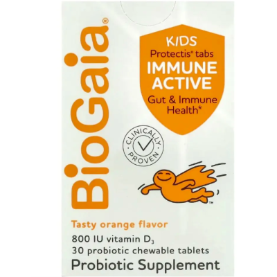 BioGaia, Immune Active KIDS, пробиотики для детей с вит. D, апельсин, 30 жев таб