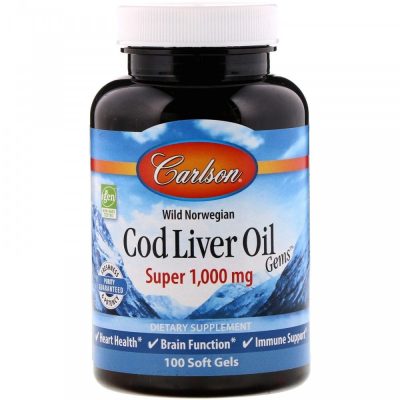 Carlson Labs, Cod Liver Oil Gems, Жир печени дикой норвежской трески, 1000 мг, 100 капсул