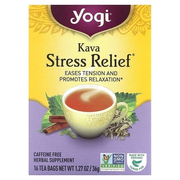 Yogi Tea, Kava Stress Relief, Кава антистресс, чай без кофеина, 16 пакетиков